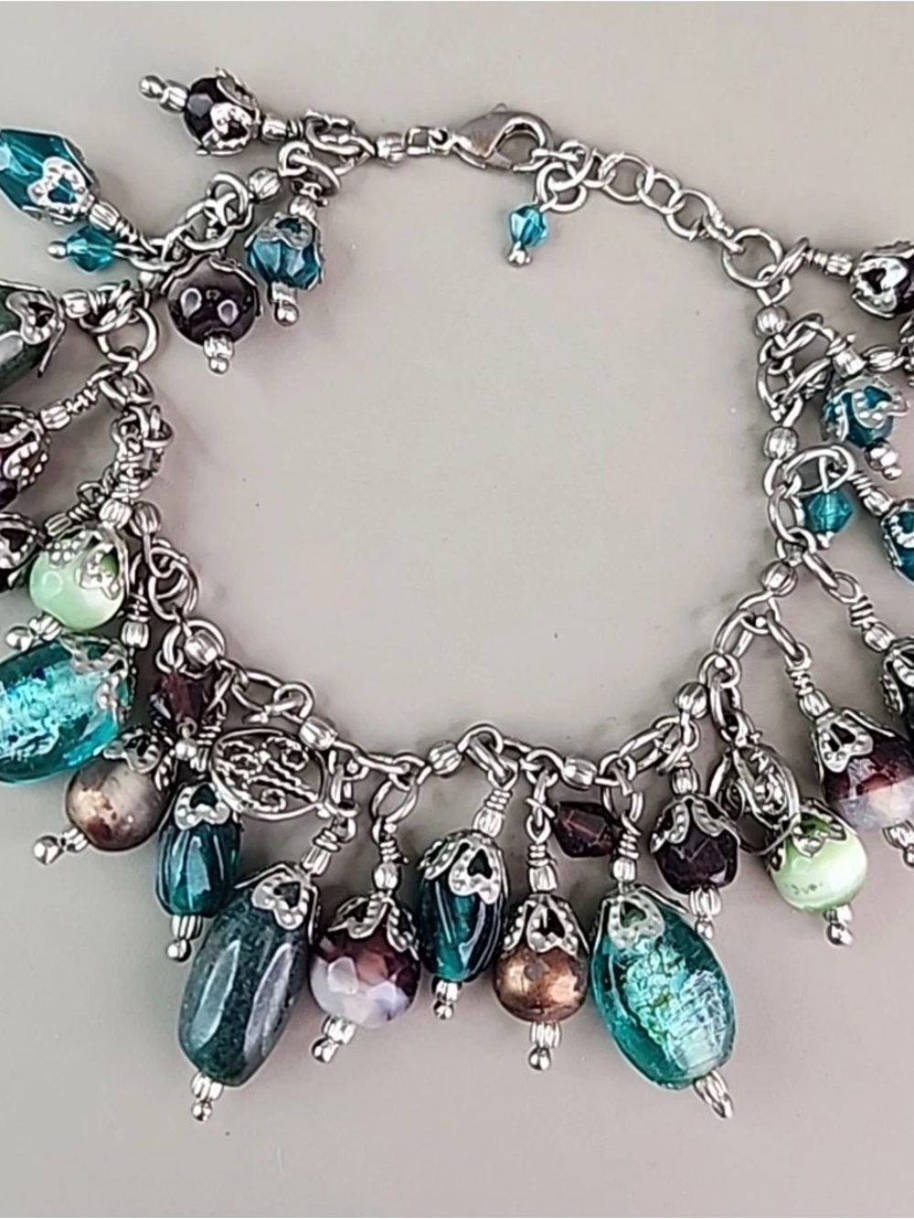 Estate Vintage Moss Agate Charm Bracelet With Silver Accents 7.5”